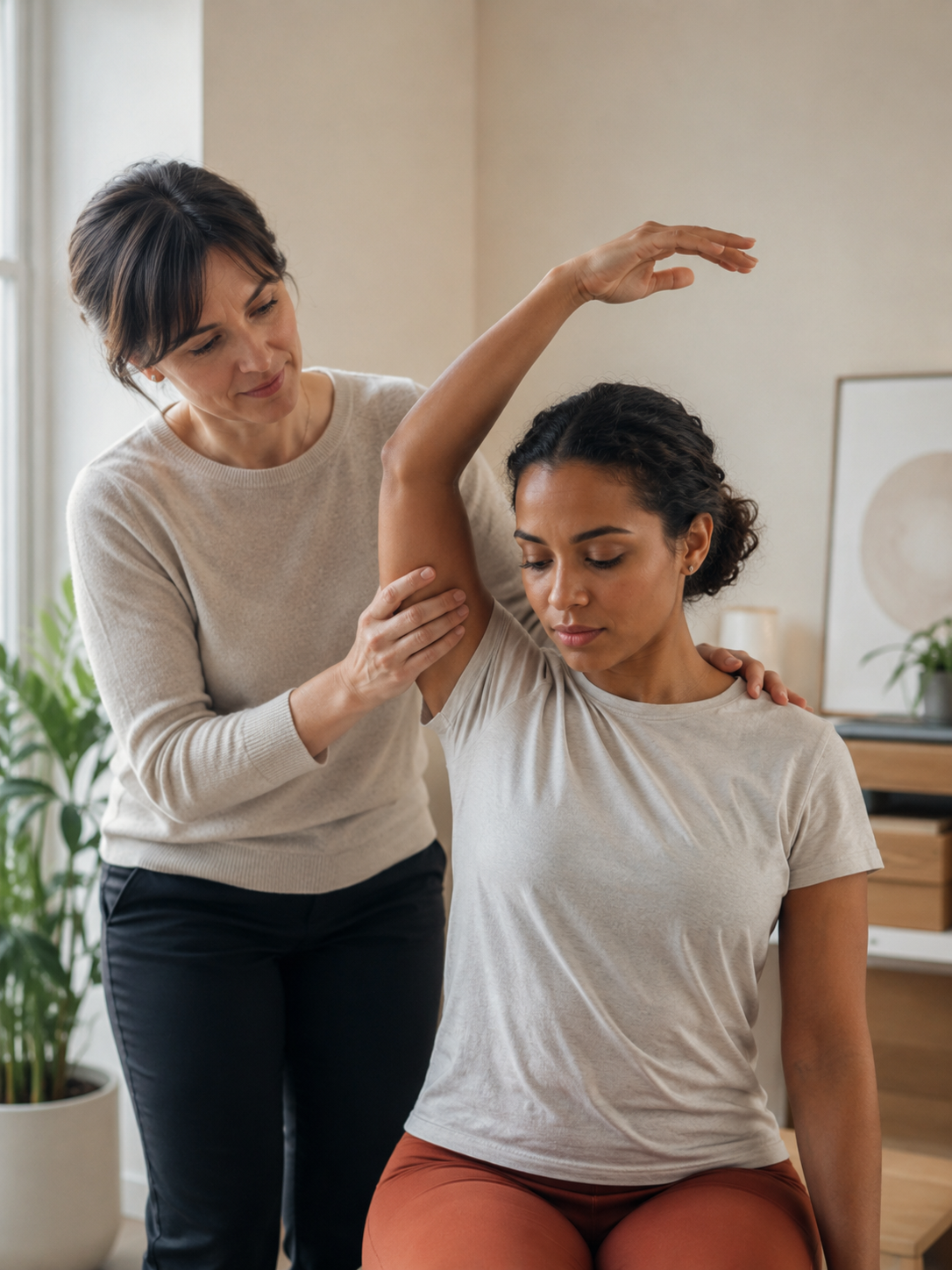 Kinésithérapeute accompagnant un patient